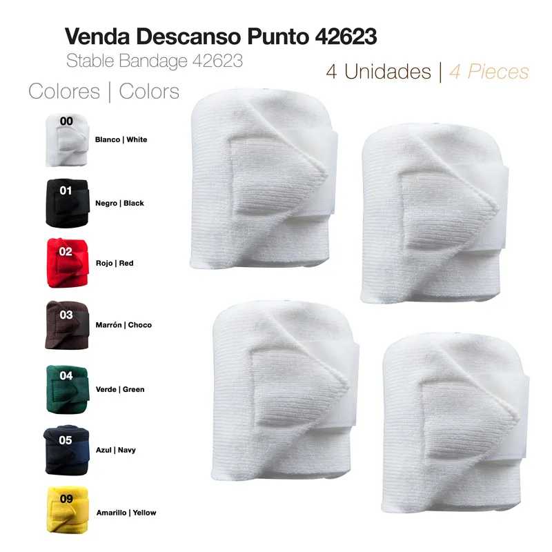 Pack de 4 vendas estáveis brancas para descanso com textura de tecido e fecho aderente.