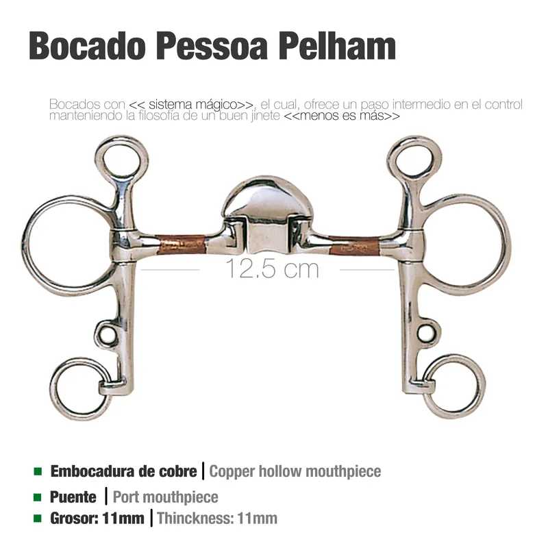 Peça metálica para equitação tipo Pelham com boca oca em cobre e 12,5 cm de comprimento