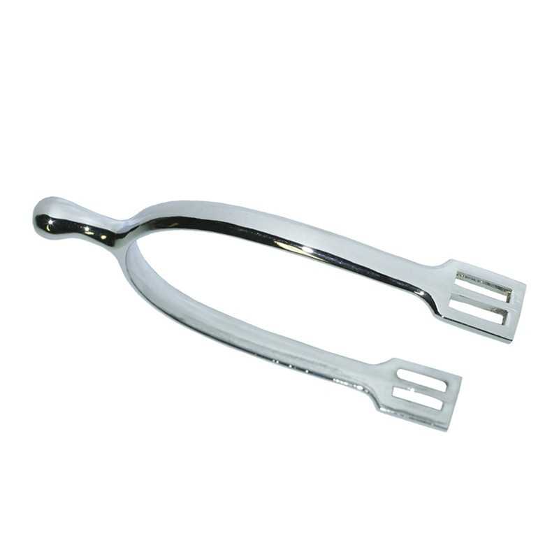 Espora metálica prateada com pontas retangulares e acabamento liso