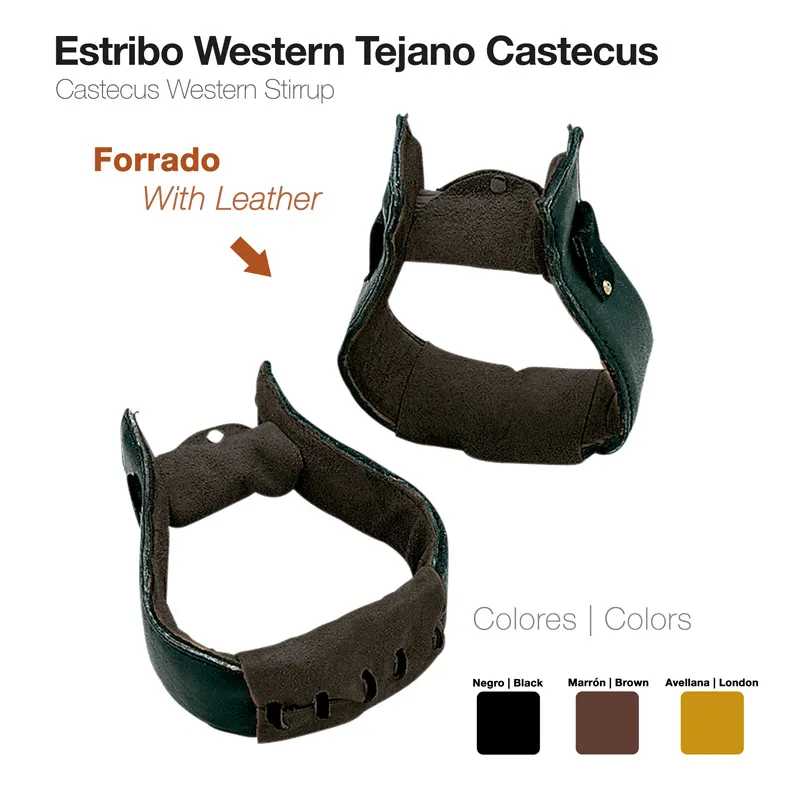 Estribo Western Tejano Castecus com forro em couro, cores preto, castanho e amarelo