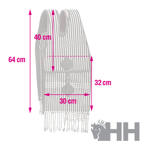 Manta listrada com franjas e medidas em centímetros ao lado, com logótipo HH e cabeça de cavalo.