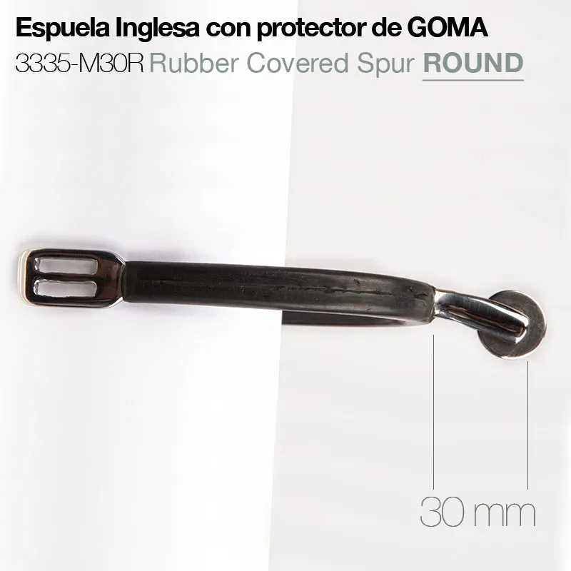 Espora inglesa com protetor de goma preto, texto e indicação de 30 mm.