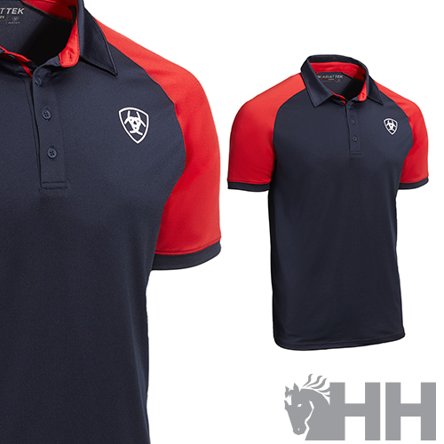 Polo desportivo masculino azul escuro com mangas vermelhas e logótipo branco no peito