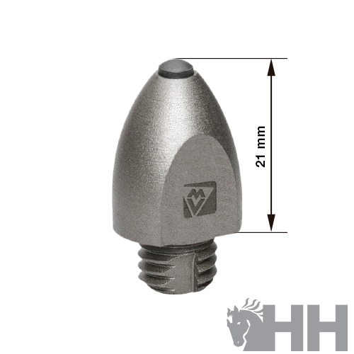 Peça metálica conica com rosca e símbolo MV