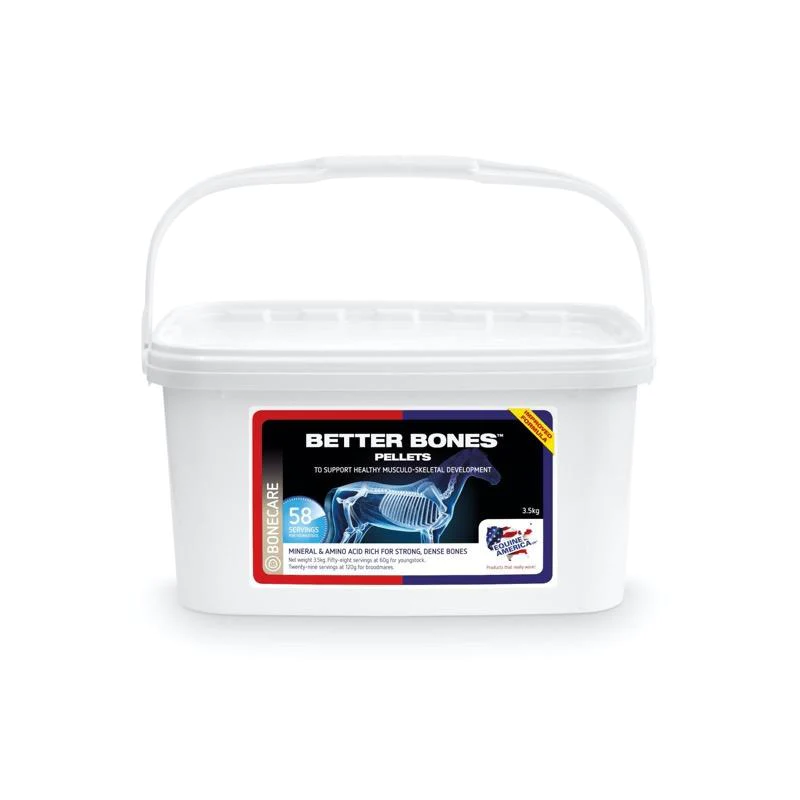 Recipiente branco de plástico com pellets Better Bones com etiqueta colorida