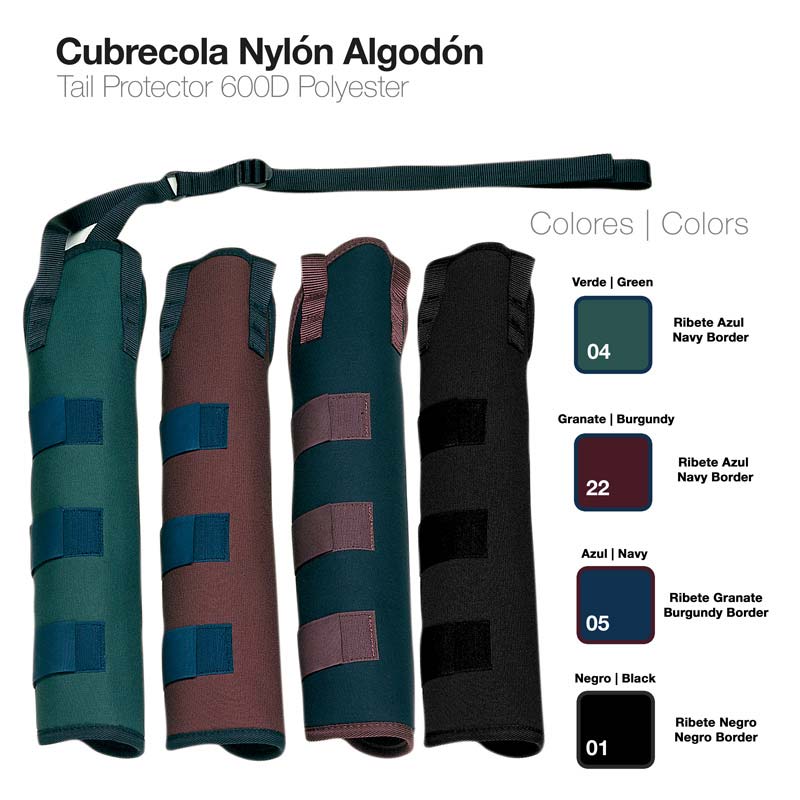 Protetores de cauda de nylon e algodão em quatro cores com fechos de velcro e correia ajustável.