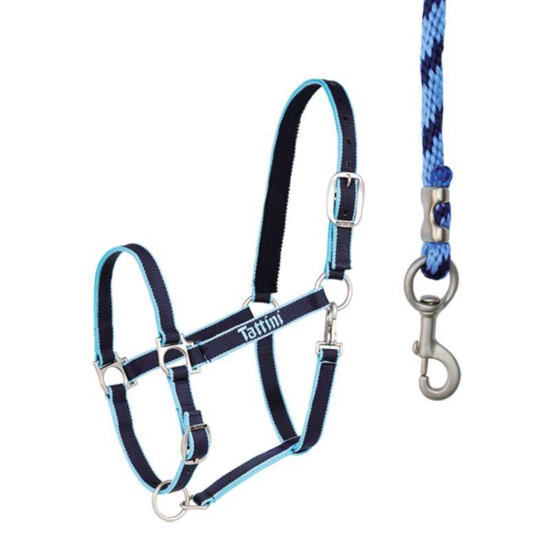 Cabresto e cabresto de corda azul e preto com fivelas metálicas