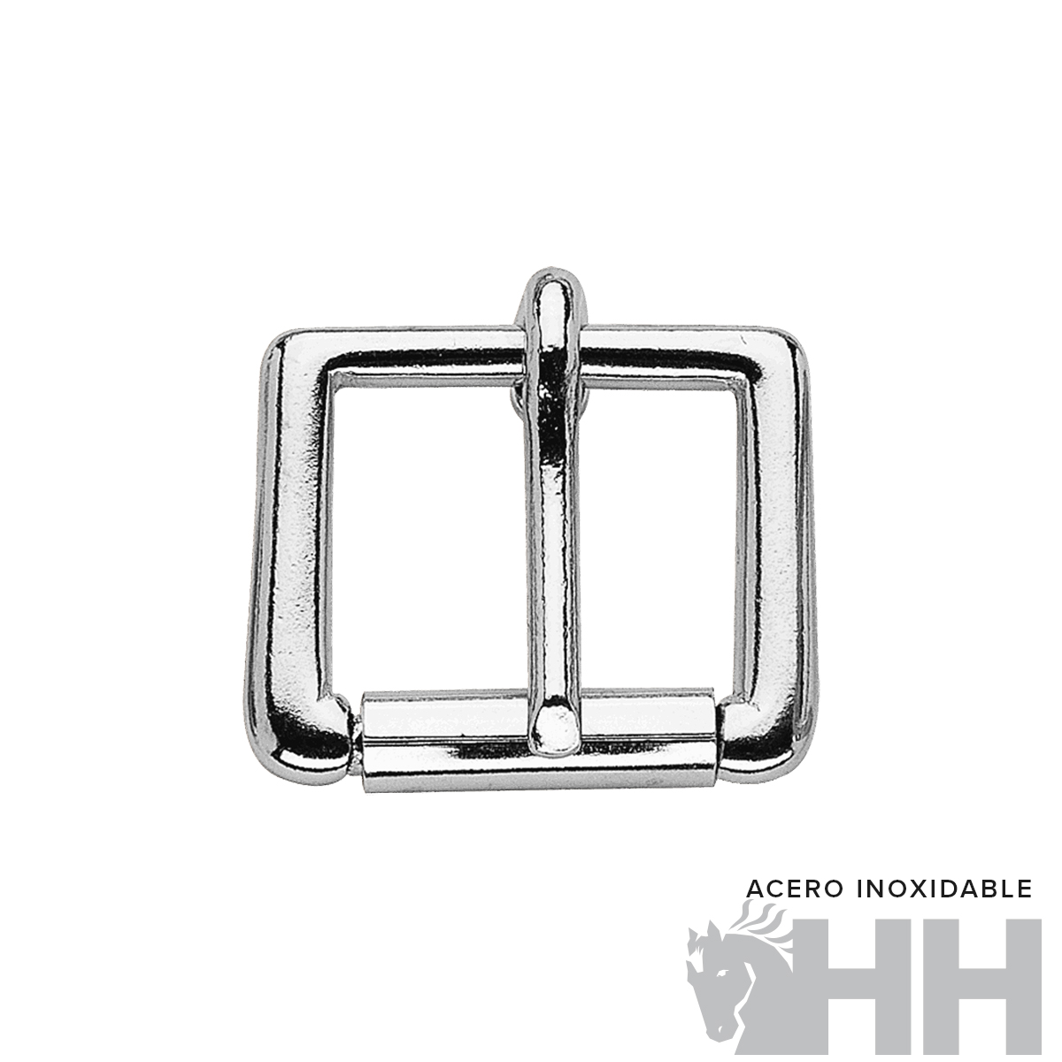 Fivela quadrada prateada em aço inoxidável com pino central e acabamento brilhante