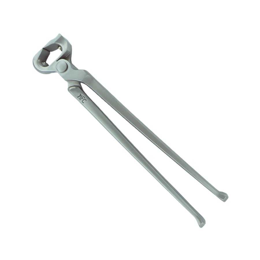 Alicate corta-unhas grande de metal prateado com cabo longo e texto MFC