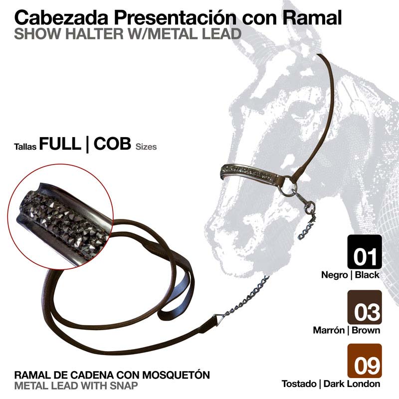 Cabresto em pele com chumbo metálico e corrente para cavalo