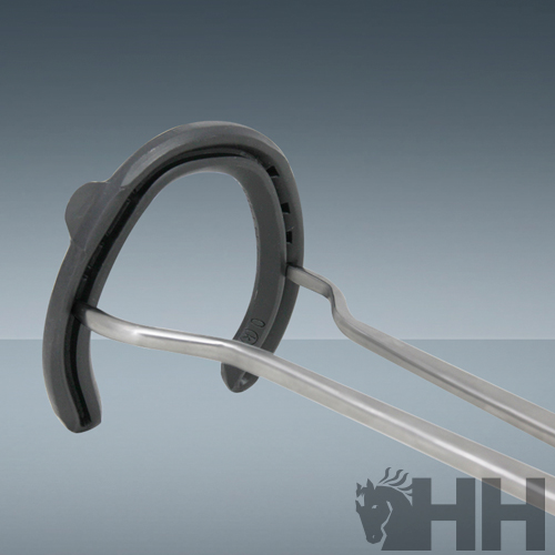 Gancho metálico com cabo emborrachado preto e detalhe em gancho curvado.