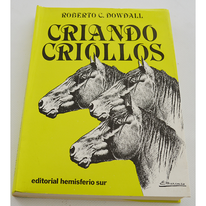 Livro amarelo com ilustração de três cavalos e texto em preto