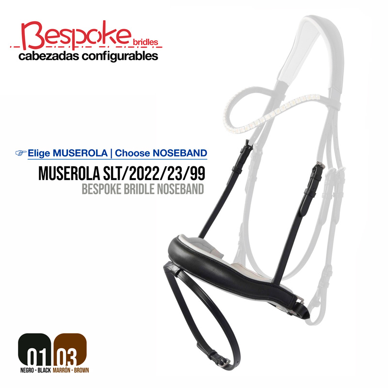 Muserola preta para cavalo em couro da marca Bespoke Bridles com texto e opções de cores