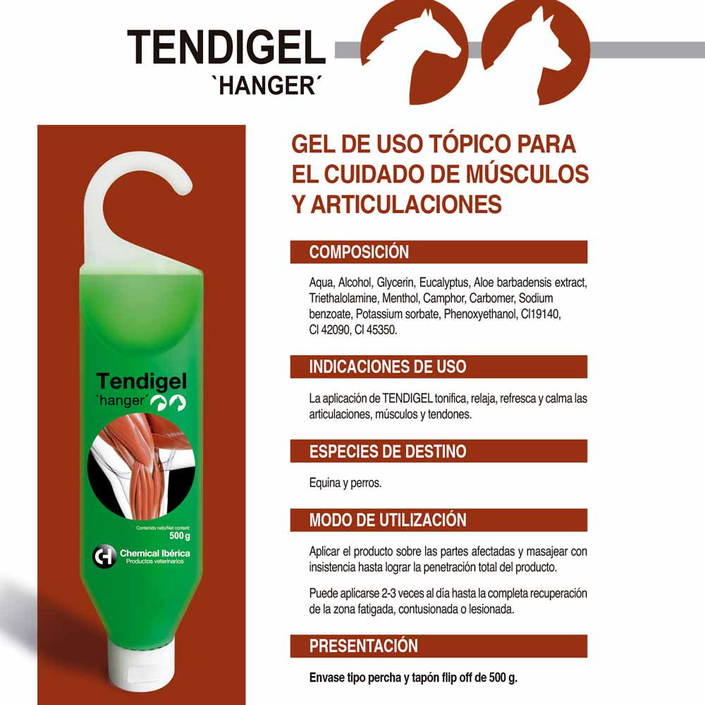 Embalagem verde de gel tópico Tendigel hanger para músculos e articulações, 500 g, com descrição em espanhol.