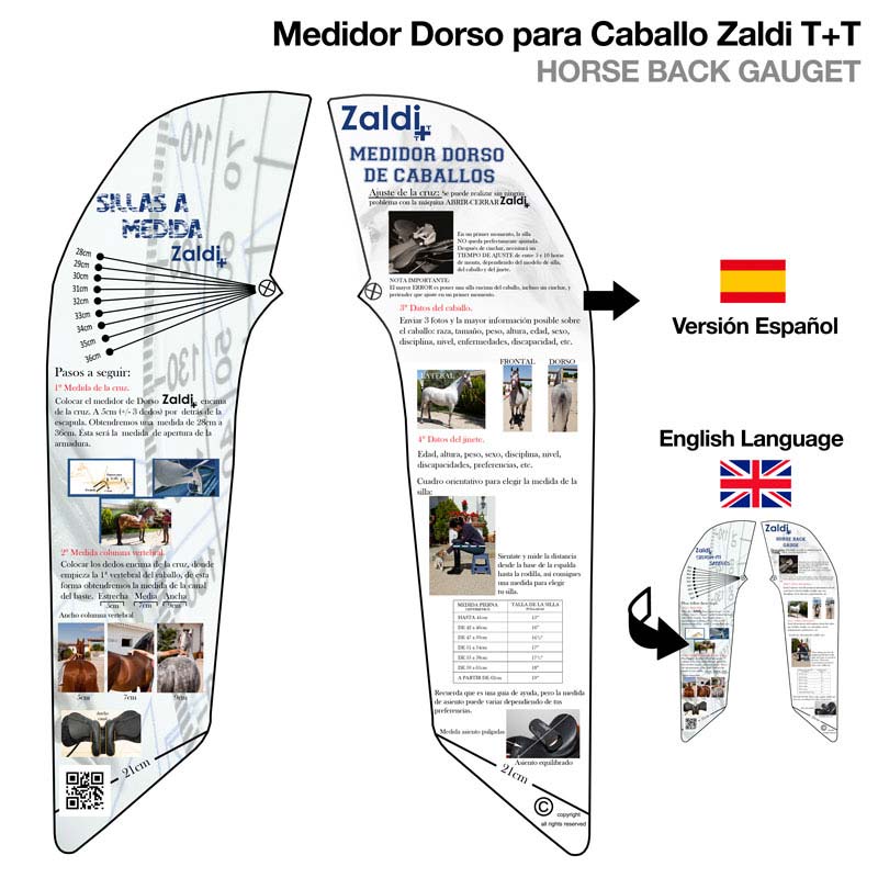 Medidor dorso para cavalo Zaldi T+T com instruções e imagens explicativas