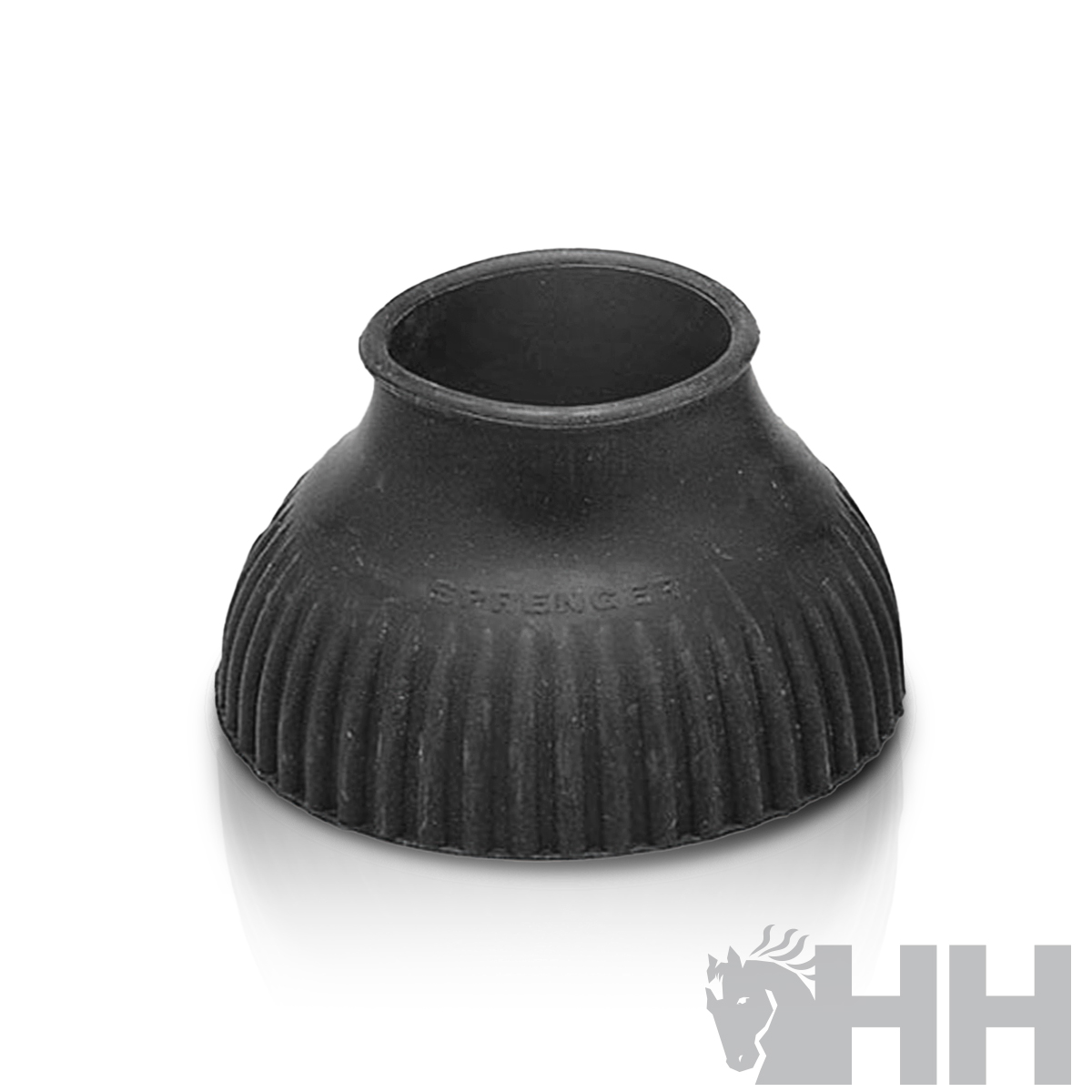 Produto em borracha preta com textura ranhurada e formato cônico