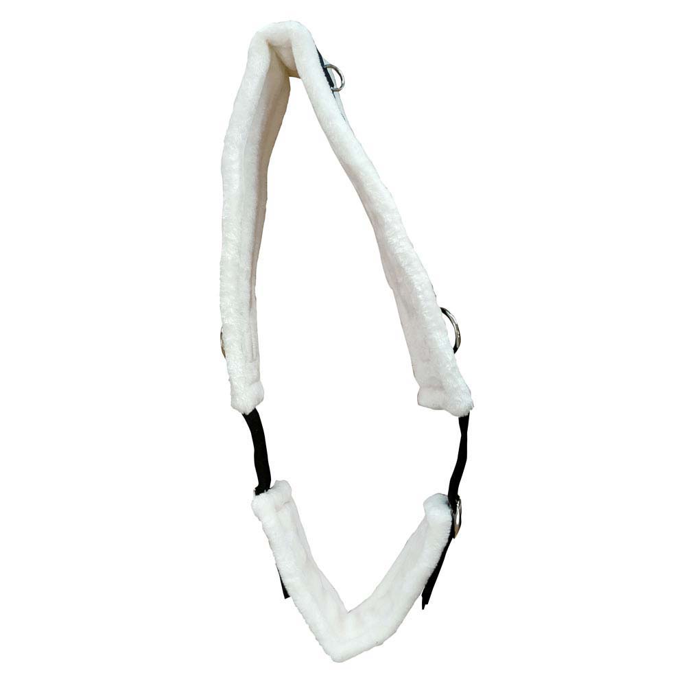 Arnês acolchoado branco com tiras pretas e detalhes metálicos