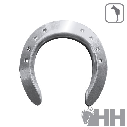 Ferradura metálica prateada com oito furos para pregos