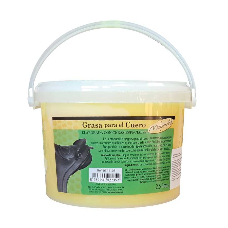 Recipiente amarelo de plástico com tapa branca de 2,5 litros de gordura para couro com etiqueta verde e amarela.