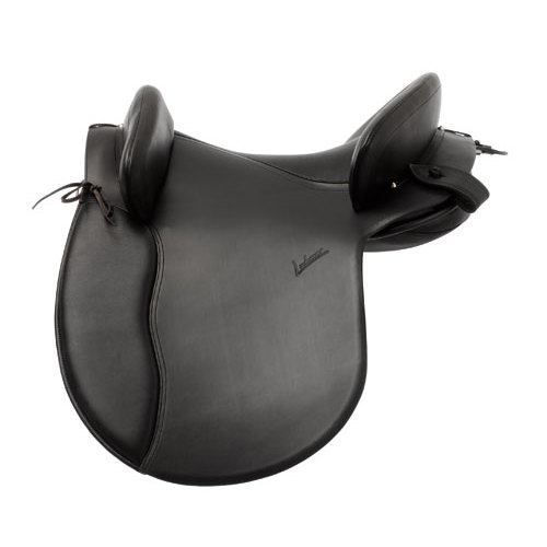 Sela de equitação em couro preto com apoio frontal e traseiro