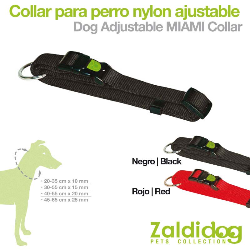 Coleira ajustável para cão nylon preto e vermelho com fivela e argola metálica Zaldidog
