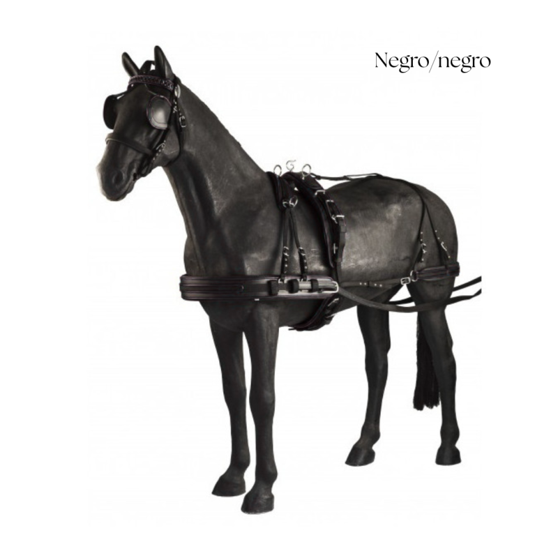 Estátua de cavalo preto com arreios pretos e texto Negro/negro