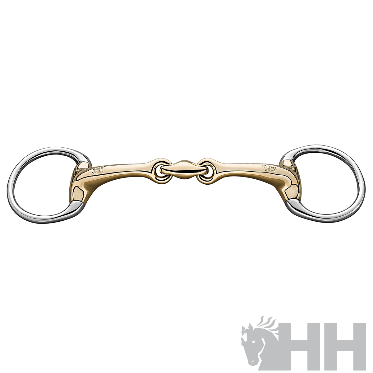 Freio de anéis dourado e prateado para equitação sobre fundo branco.