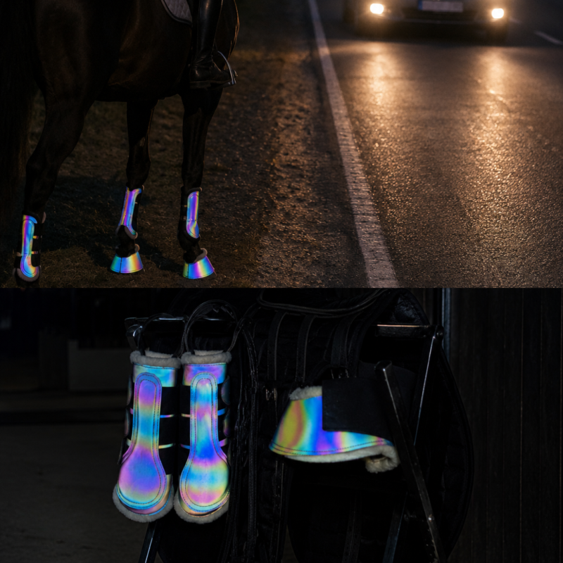 Protecções refletoras para patas de cavalo iridescentes com forro branco