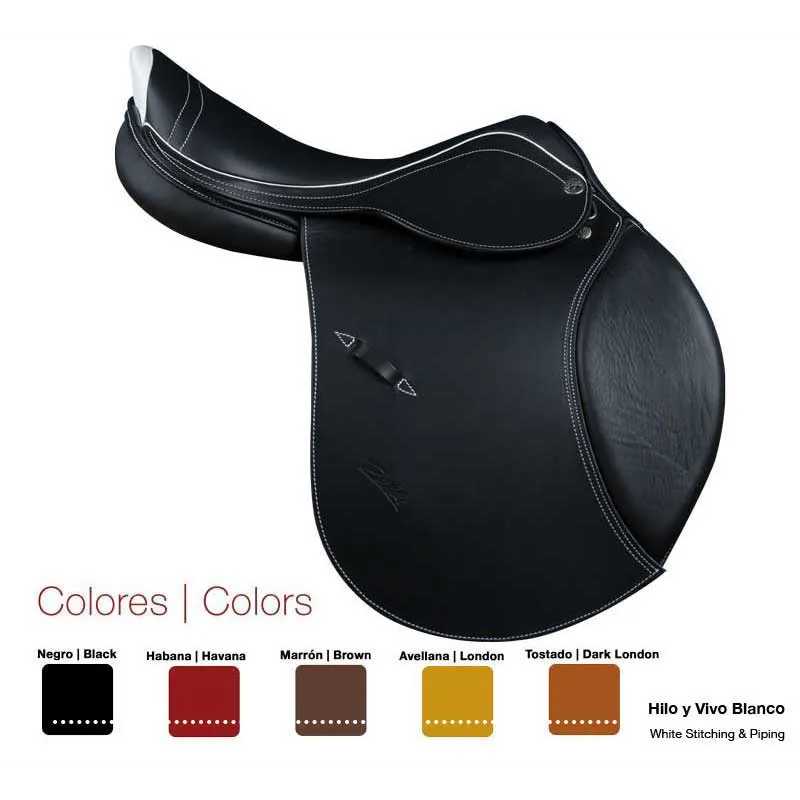 Sela de equitação preta em couro com costuras brancas destacadas