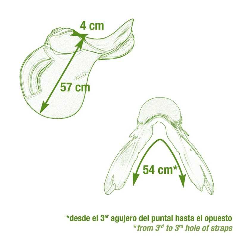 Sela de cavalo com medidas destacadas em verde