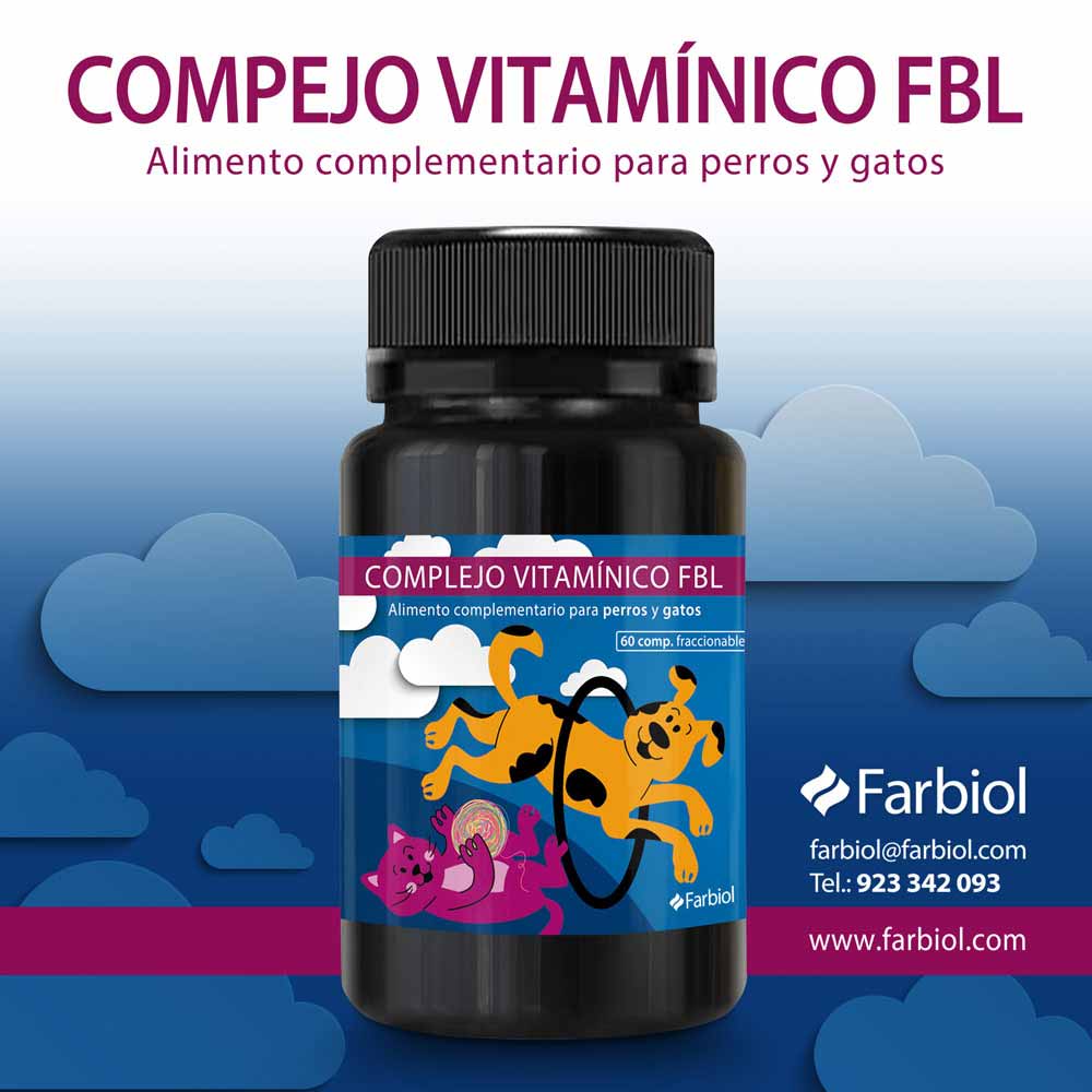 Frasco preto com rótulo colorido mostrando cão e gato, suplemento para cães e gatos.