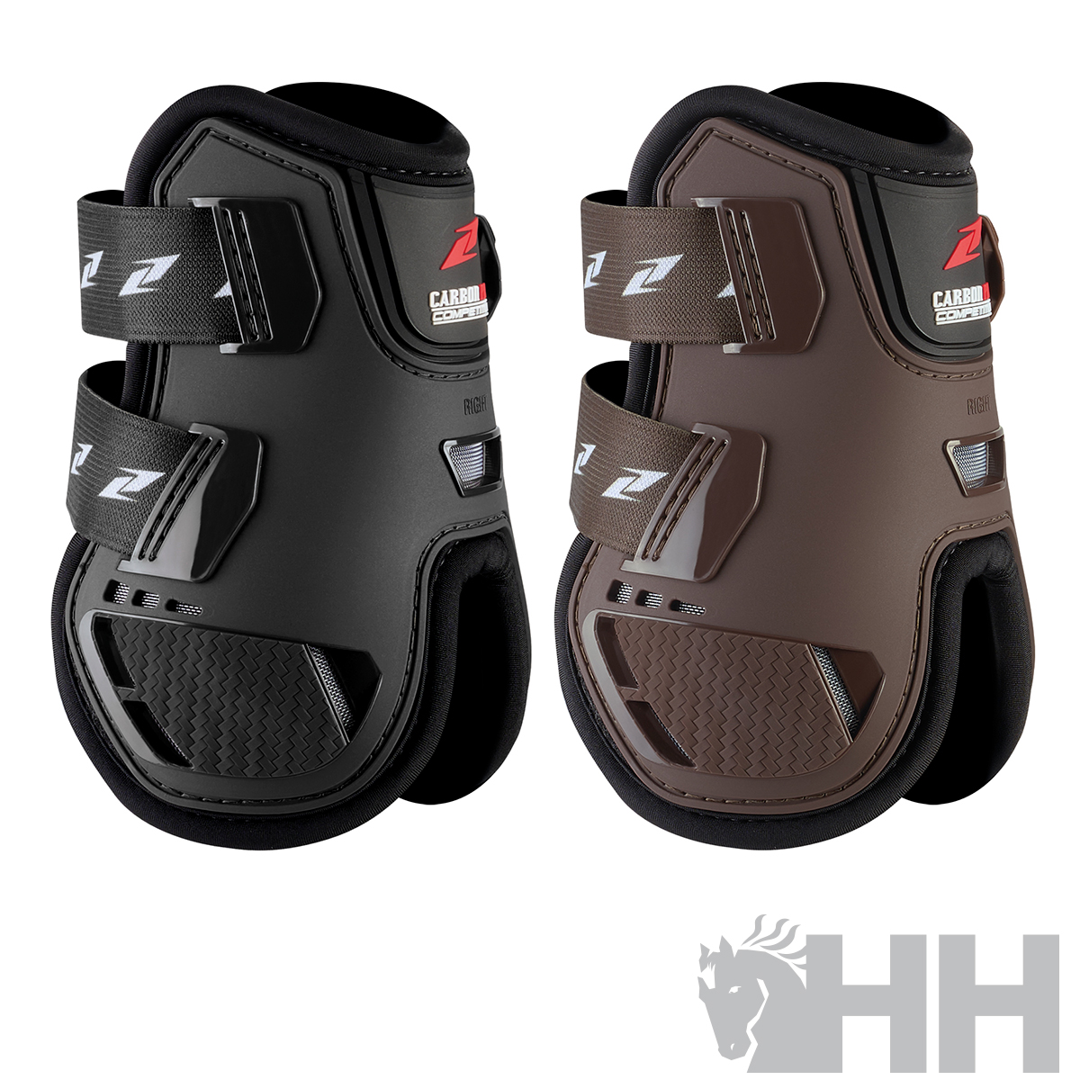 Par de proteções para casco de cavalo preto e castanho com correias e etiquetas