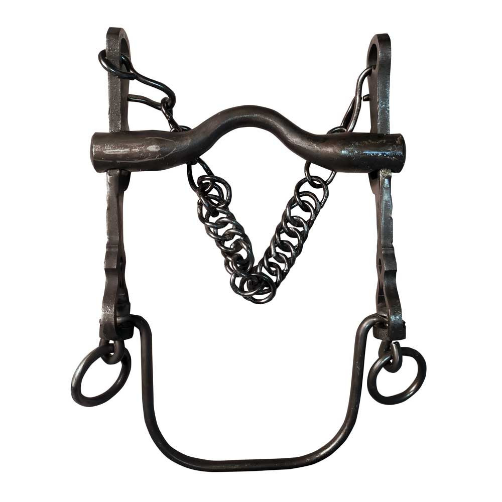 Freio de cavalo em metal preto com corrente e argolas