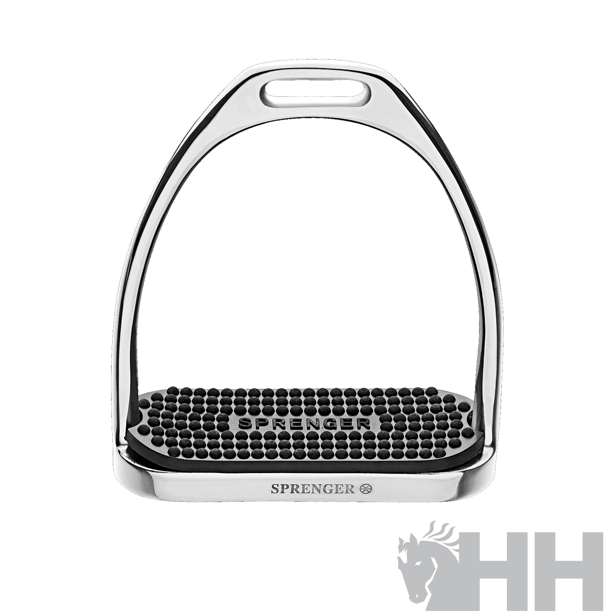 Estribo de equitação metal prateado com base preta antiderrapante e texto SPRINGER