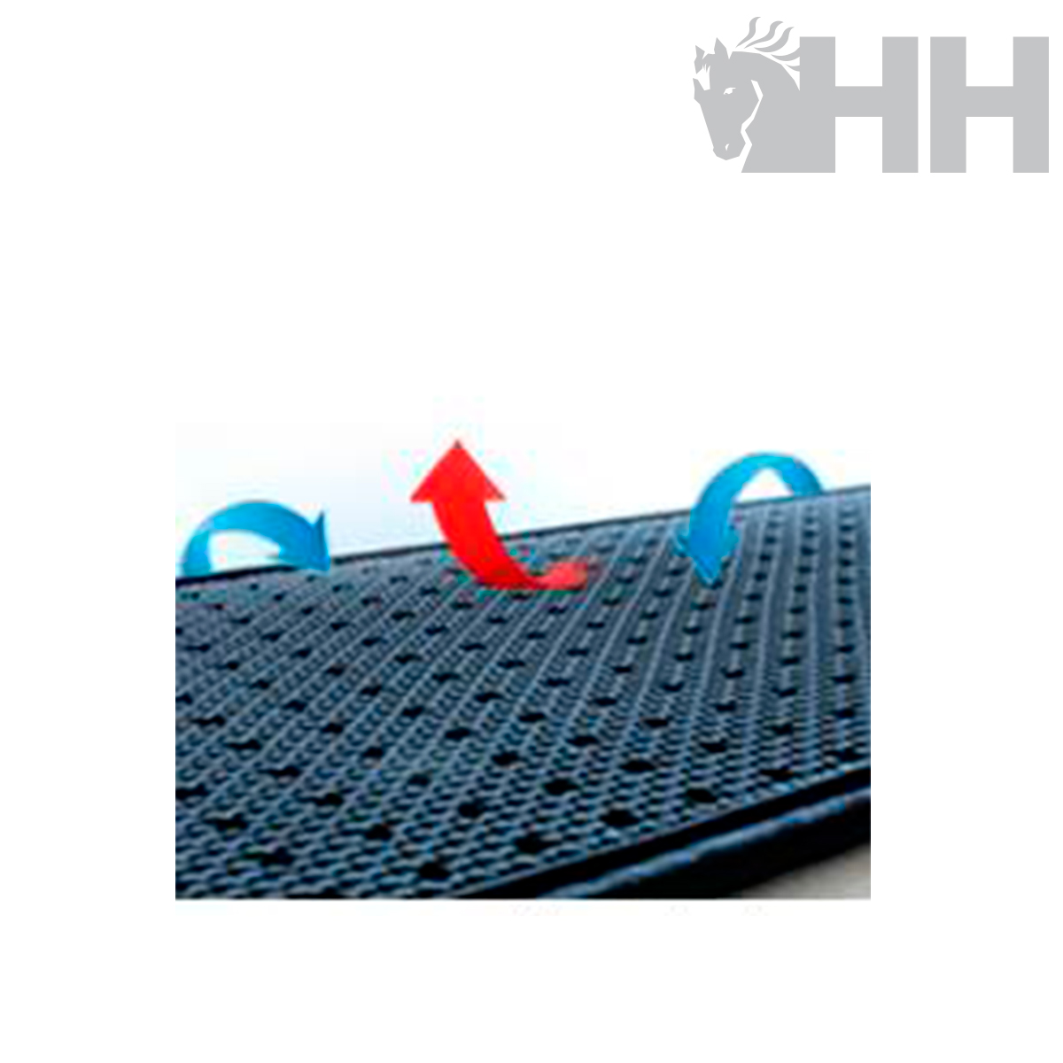 Tapete preto de borracha com furos circulares e setas coloridas