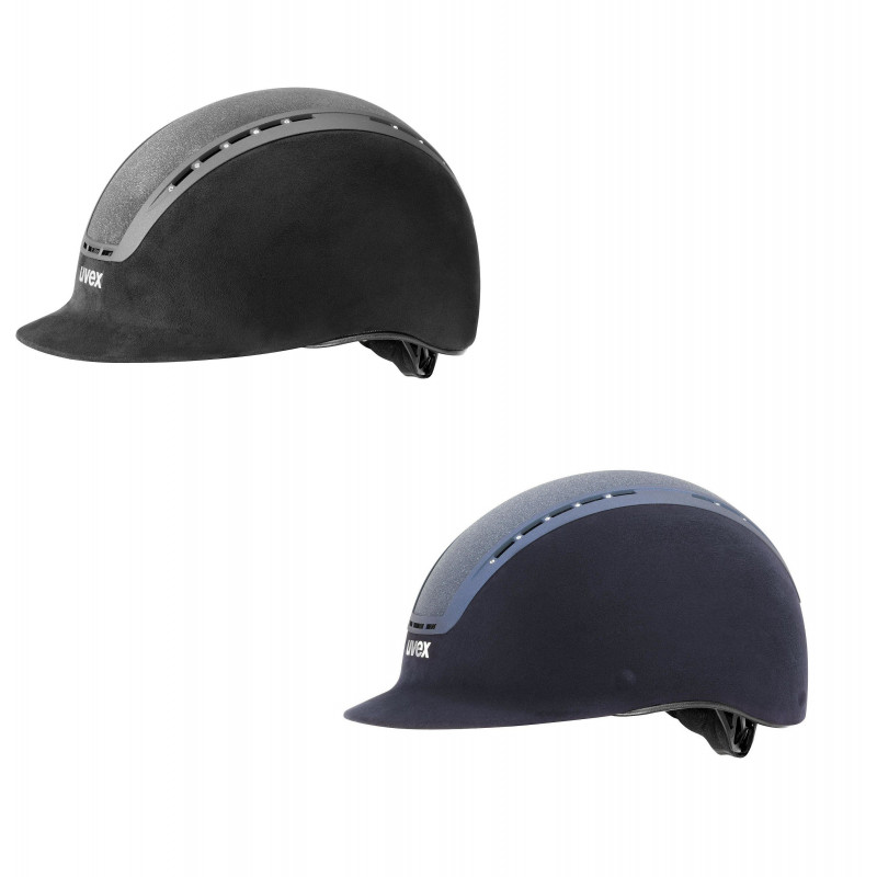 Dois capacetes de equitação KASK em cores preto e azul escuro com detalhes cinzento