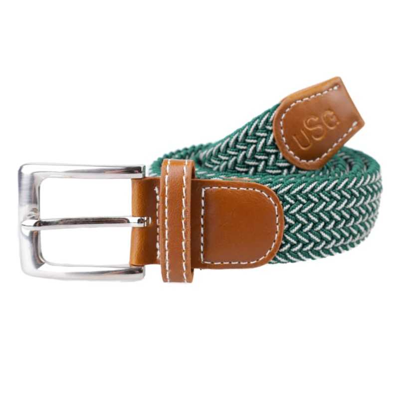 Cinto trançado verde e branco com fivela metálica e detalhes em pele castanha