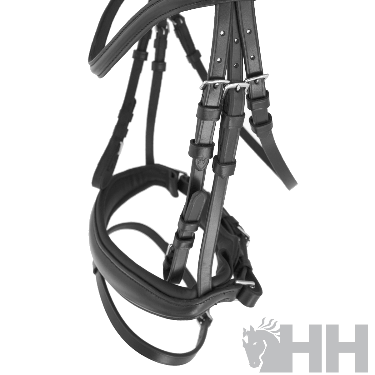 Cabresto de equitação em couro preto com fivelas metálicas prateadas