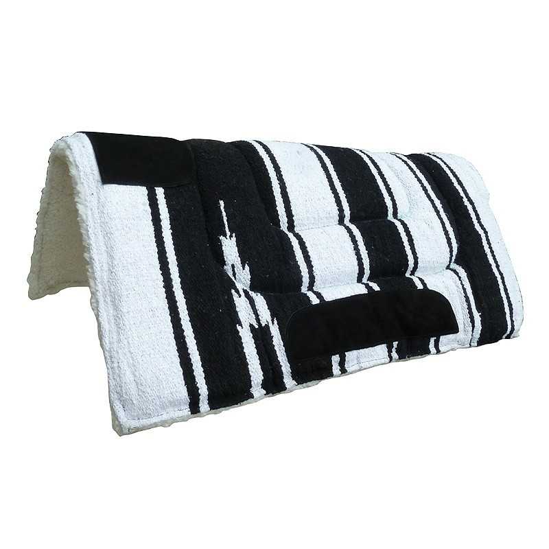 Almofada de sela para equitação em tecido branco e preto com riscas e acolchoada