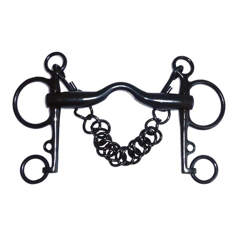 Freio completo para cavalo em metal preto com mordaça curvada e corrente entrelaçada