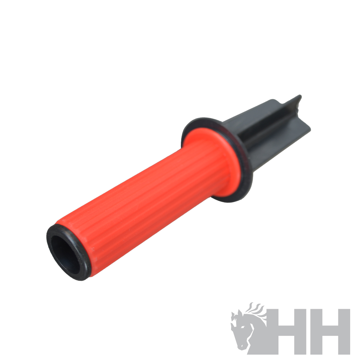 Acessório plástico vermelho e preto com textura canelada e anel de fixação