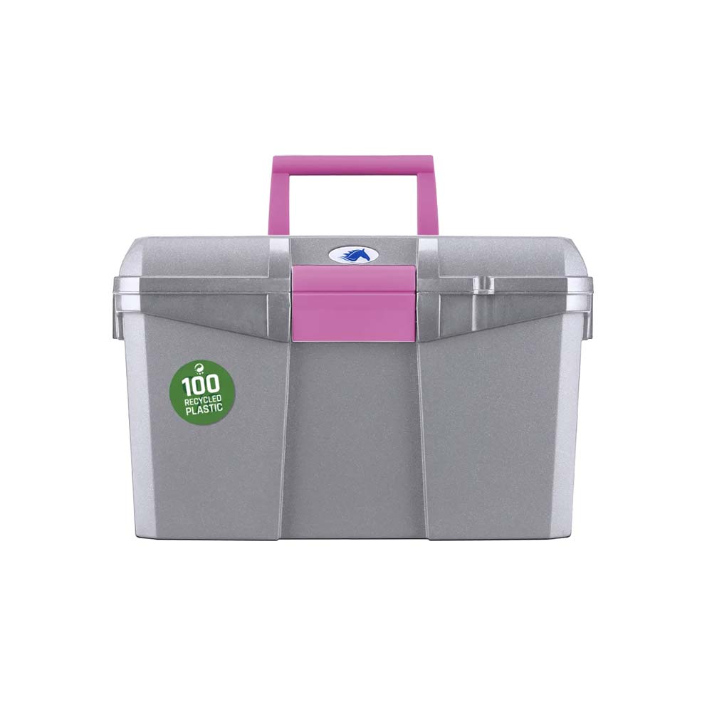 Caixa organizadora cinza com pega e fecho cor-de-rosa