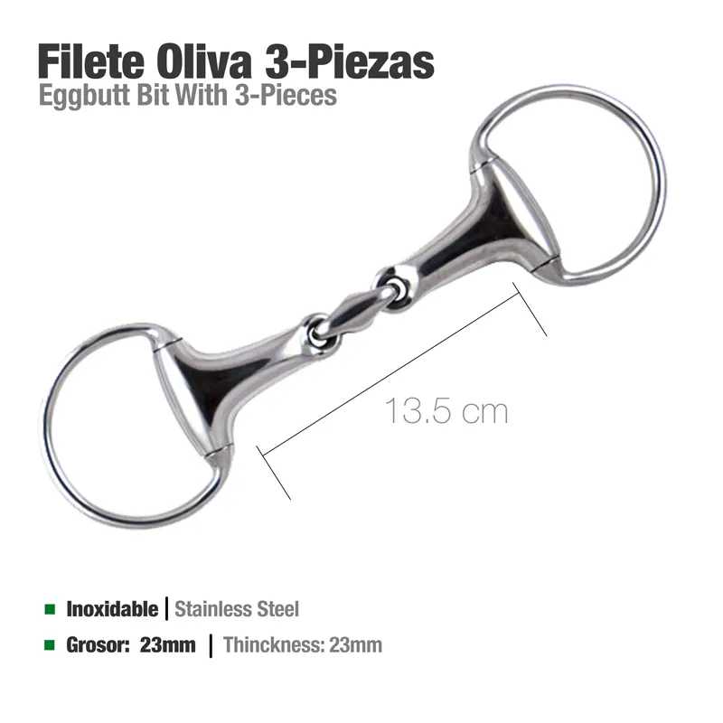 Freio filete oliva 3 peças em aço inoxidável com medida 13,5 cm e grossura 23 mm