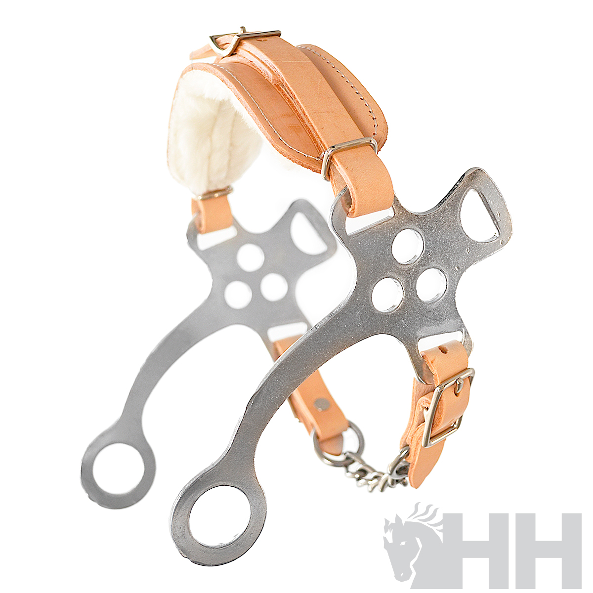 Freio para cavalo em couro bege e metal prateado com acolchoamento branco