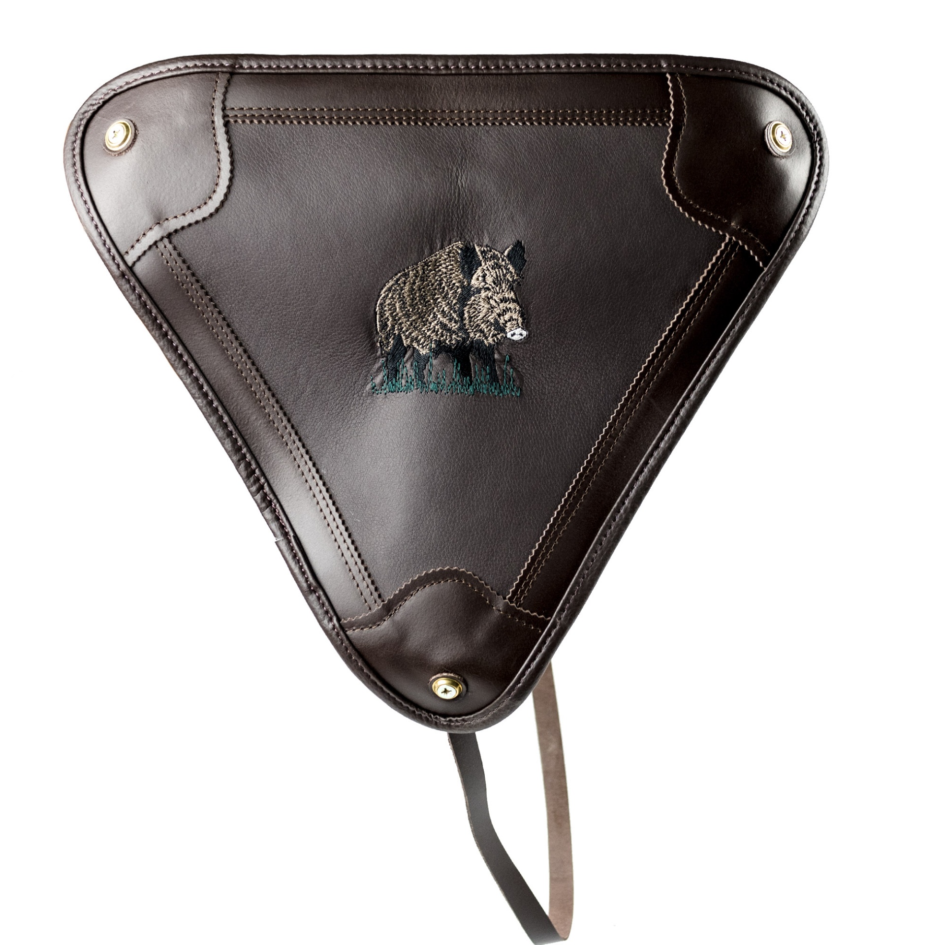 Bolsa triangular castanha de pele com bordado de javali