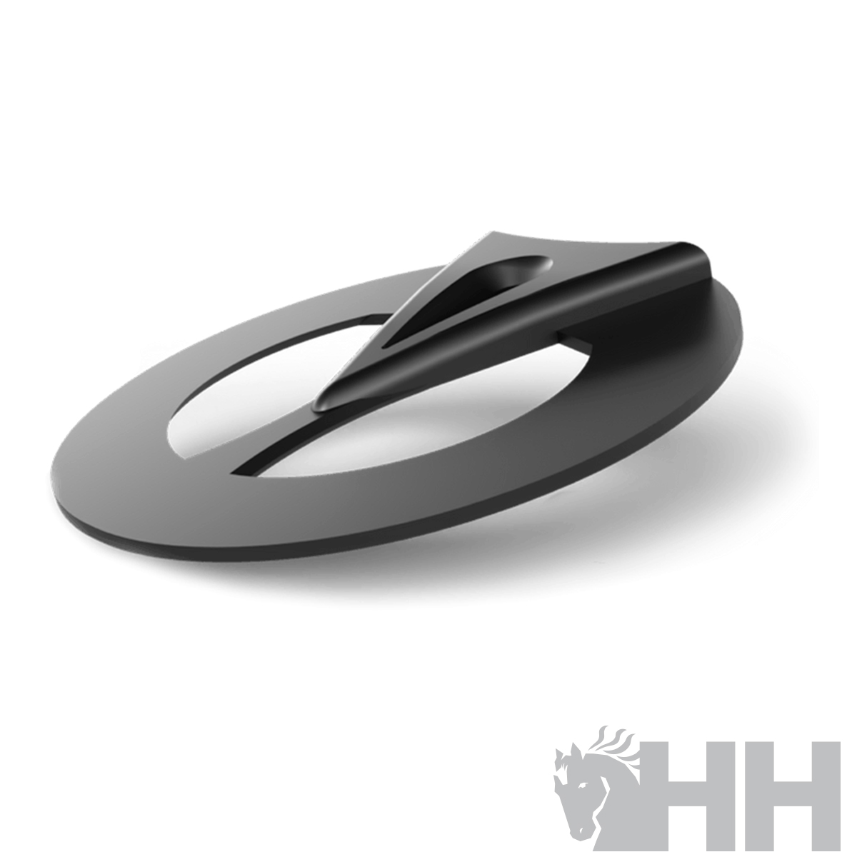 Dispositivo circular metálico preto e cinzento com componente triangular.