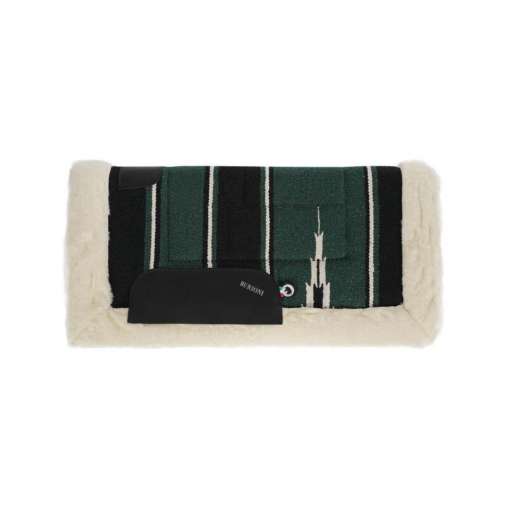Manta de cavalo verde escuro com bordas felpudas cinza creme e detalhes em pele preta