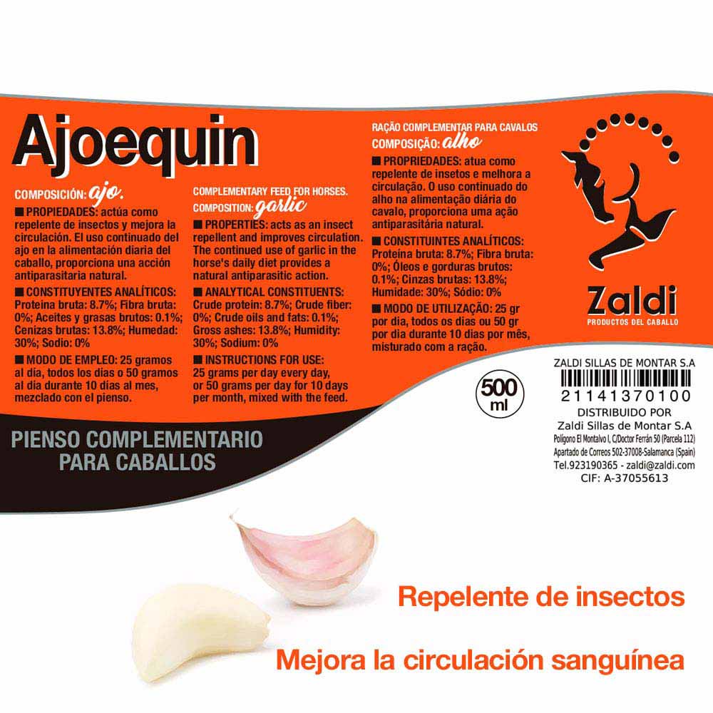 Etiqueta laranja e preta de produto para cavalos com alho, texto em português e espanhol, imagem de alho
