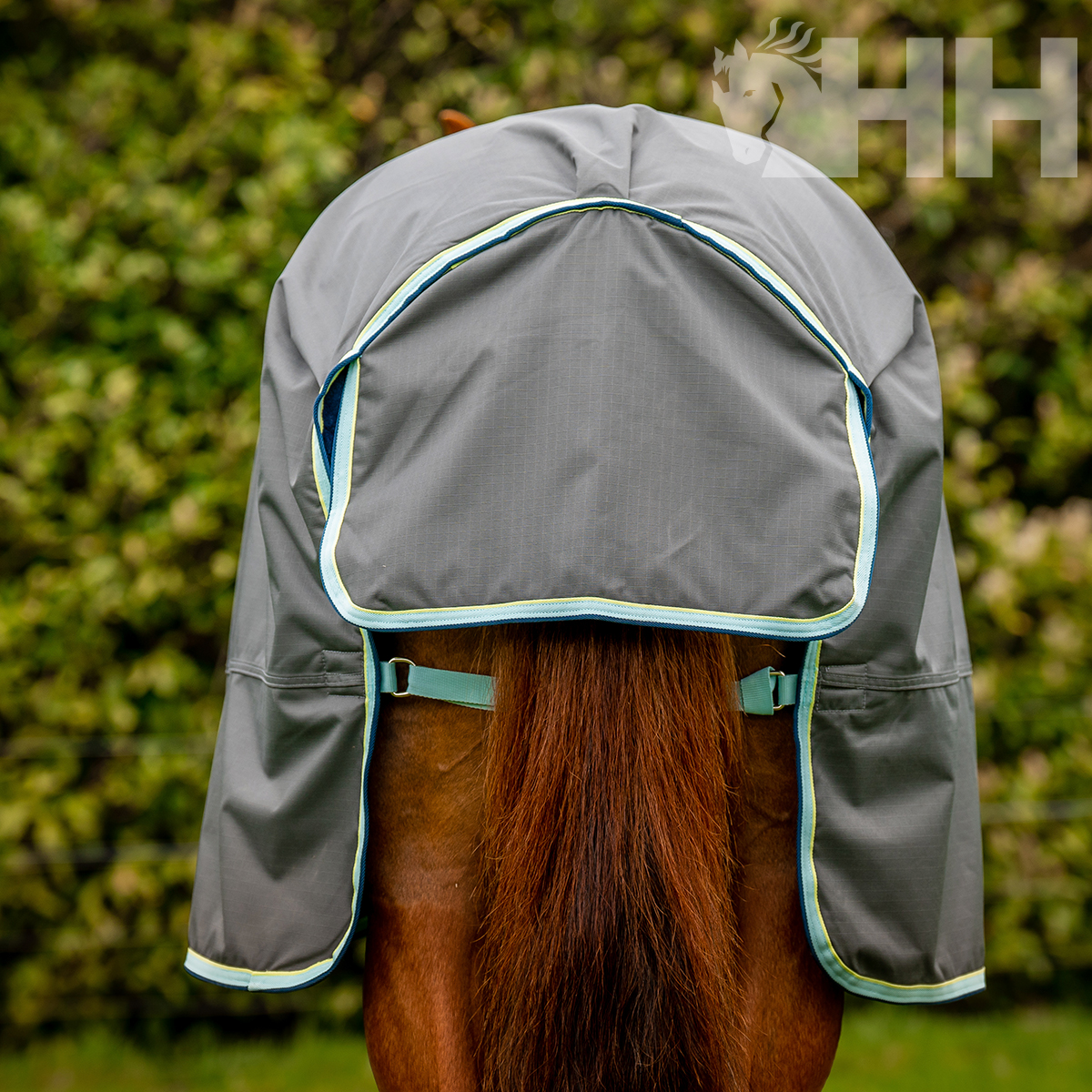 Manta cinza para cavalo com bordas azuis protegendo o corpo e a cauda do cavalo