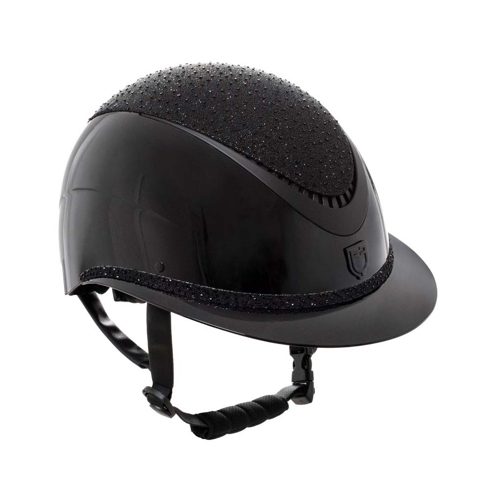 Capacete de equitação preto com detalhes brilhantes e cinta acolchoada.